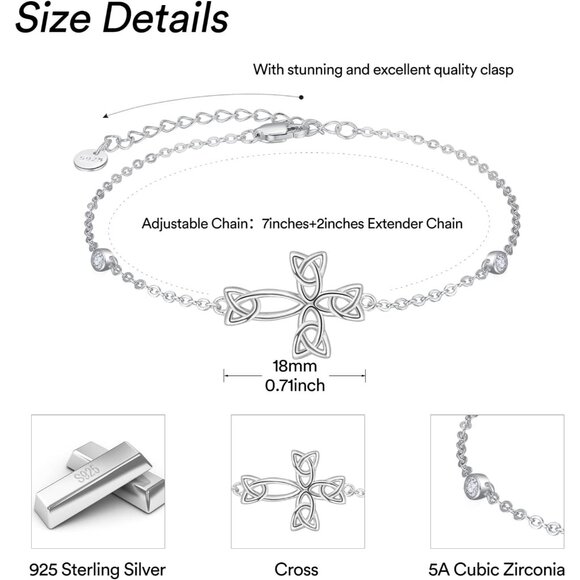 925 Sterling Silver Celtic Cross Women’s Bracelet, Adjustable Gift Idea - Picture 3 of 7